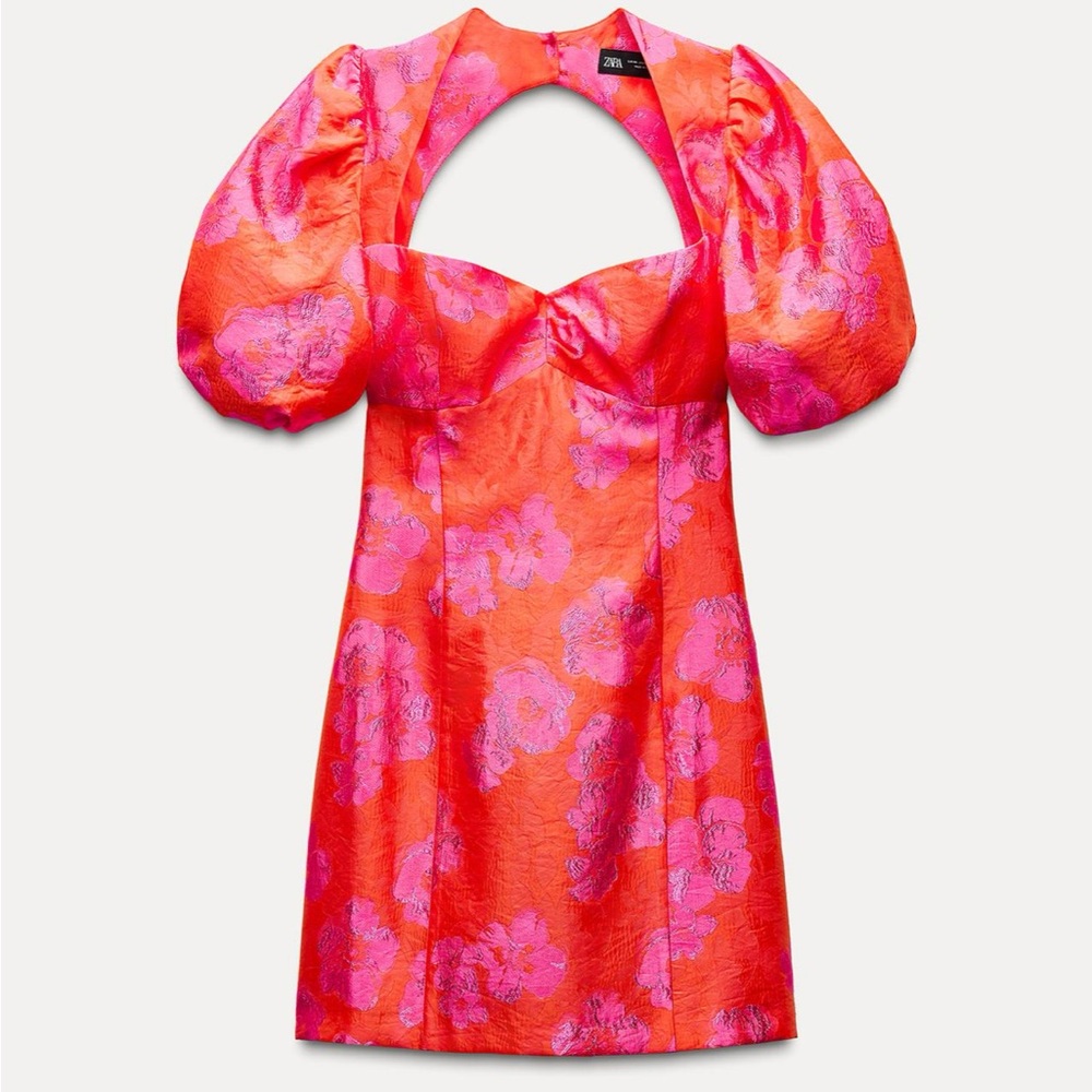 Satin zara puff sleeve mini dress pink and orange floral